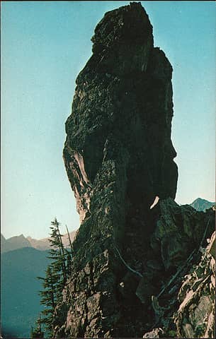 [i:56b0f8abed]The Old Man of the Mountains[/i:56b0f8abed] (aka Count of Monte Cristo), pub. by Fred Shaw of Lake Stevens. Since this has a zip code, it's not super old. This rock monolith at about 4800' elevation is 200 feet tall. If the fog is right, you can see if from Monte Cristo. Haven't climbed this one but have walked near by.