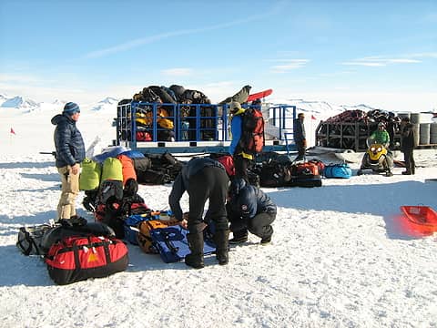 Loading gear at Union Glacier field camp for departure to blue-ice runway