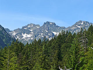 Last look back at the peaks along Royal Creek. From left to right: Clark, Adelaide, and Walkinshaw