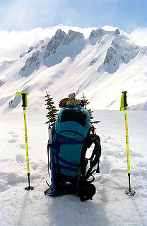 My old Gregory Pack, Swallows Nest ice axe, and Leki poles, packed and ready to leave camp.