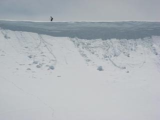 Walking the camp ridge cornice (Barb is actually farther back than she appears)