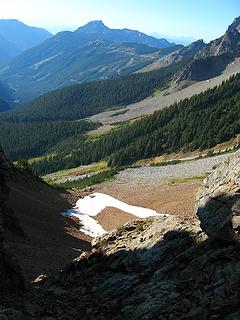 Looking down from the notch to snow patch & camp