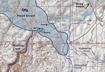 Annotated map of Northrup Creek headwaters area, with Missoula Floods' gravel deposit drawn in.