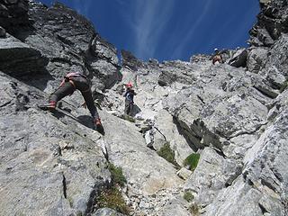Carrie making a move in the summit gully