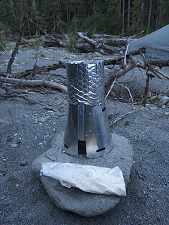 My "stove." Trail Designs Caldera Keg w/Esbit for fuel. Basically just a Foster's beer can sitting in a wind shield. Worked amazingly well!