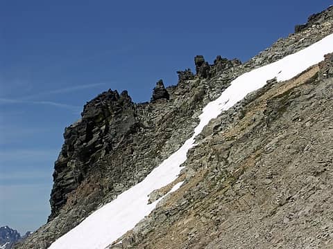 Spires and chossy rock between the S.E. ridge and snow gulley between East summit and West summit ridge.