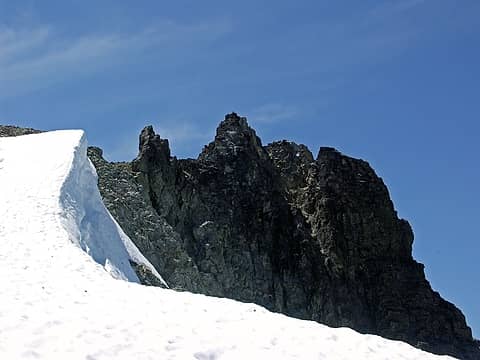 Large cornice and Mt. Daniel West summit.