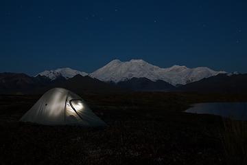 Our campsite on the fifth night of our hike in Denali. Mount Foraker (17,400 ft = 5304 m) is in the background.