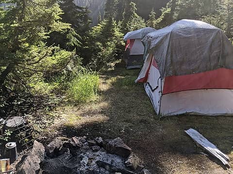 Cached tents at Lower Falls Lake Outlet