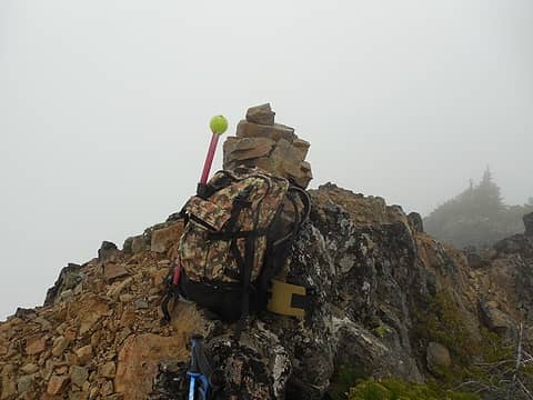 my new pack at the new summit cairn (no, I don't build cairns)