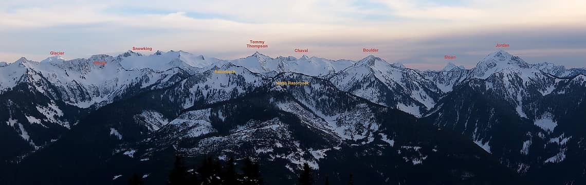 The peaks southward: Razorback covers most of the foreground.  Main horizon peaks include Snowking, Tommy Thompson, Boulder & Jordan.  Peeking up in the background are Glacier at left, Chaval in center, and Sloan at left.