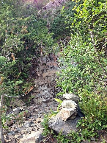 Route to the ravine bypass marked with cairn, gains top of the left side cliff and follows up into basin