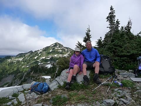 We had hoped to be able to travel north to June 10th Peak before heading south into the Muncaster Basin. Unfortunately, due to the persistent marine layer the sky did not clear early enough for us to do this.  Jan and Gary with June 10 in the background. (Photo; Jeff)