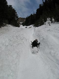 Brief bobsled glissade in forest gully