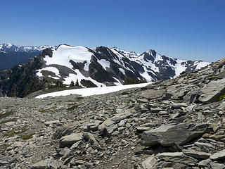 Looking back at the snow slope that led down to Lone Tree Pass, glad I didn't have to plod up that snow slope