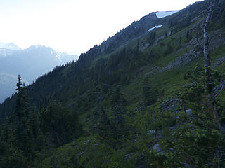 Upper portion of Stephen Peak Traverse, trail can be seen right of center, heading towards spur ridge SW of Peak 5978