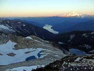 Mount Baker and the Twin Sisters in light. Baker Lake and the Blums below.