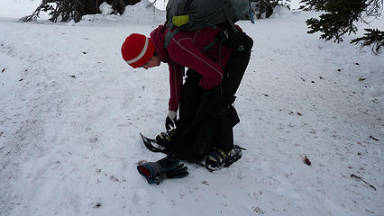 Taking pants off while wearing snowshoes!