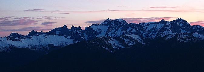 Chilliwack peaks (Mox, Spickard, Custer, Rahm) at sunset