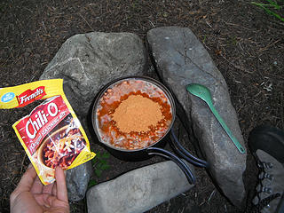 Chili made from TVP, which is from vegetables but more like dehydrated meat. I added a large amount of dehydrated beans and tomatoes. I followed the directions on the packet.