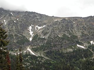 Looking back at our route from Leroy Creek Trail. The snow finger left of center is the gulley, currently filled in.