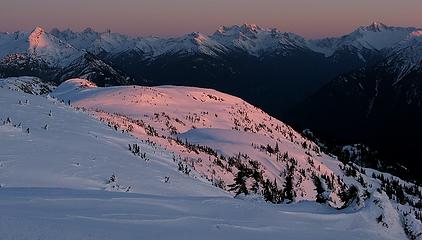 Alpenglow on our ridge, Ruby, Logan & Buckner