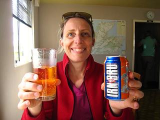Sue tries Irn Bru. Ask her what she thought of it. It's supposedly the Scots cure for Hangovers.
