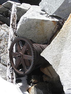 Winch at LaBohn Gap, 7/2013. I'm guessing this was for hauling cargo up the snow slopw on sledges, or maybe for installing the aerial tramway, whuch was never completed I think.  There's a big coil of cable in the basin below.