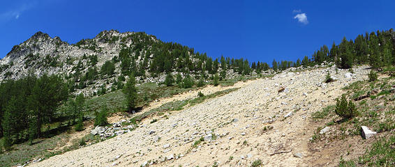 Headed up to the saddle above Choral Lake. Choral peak is just to the left the summit higher and out of sight.