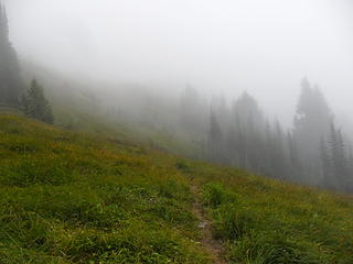 entering the upper meadows on the way to the pass in the clouds.... better get to camp fast, its getting dark!