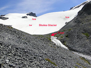 Stream flowing measuring location below Sholes Glacier