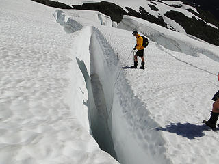 Measuring snow depth in crevasse on Rainbow Glacier