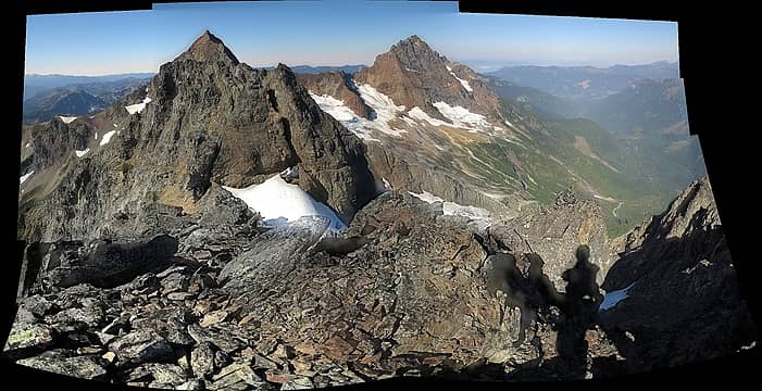 Grand View from the Eastern East summit.  Note how you can see the goat ledge continue cutting around on the north side of this end of the peak as well.  (Sorry about stitch errors in this panorama; maybe I can fix them later)
