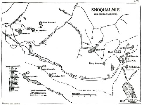 Snoqualmie River area mining map from "Mining In The Pacific NorthWest" by Hodges, 1897