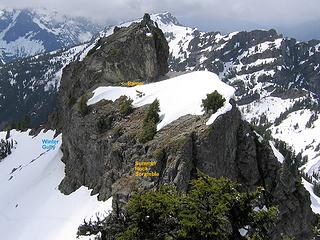 West Twin summit and routes viewed from East Twin.