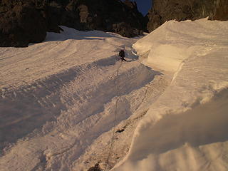 Don about to cross the avalanche runnel.