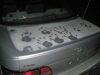 Frosty handprints still on the car from Seattle