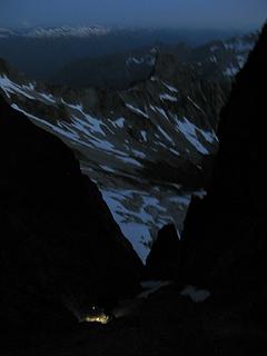 Descending the gully by headlamp