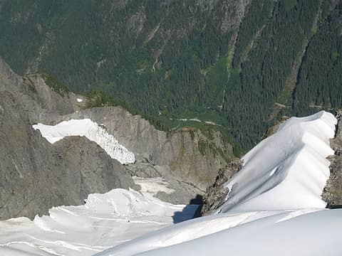 The view down the upper NE Buttress from the summit.
