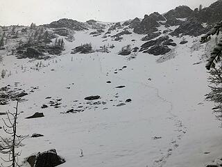 After bypassing a scrambly bit on the NW Ridge on the right side around 7600', I went up snow covered talus and scree to the summit area where the wind was blowing and the snow was falling. No shot of the summit. Descended talus to the snow slopes and booted down.