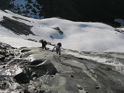 Cramponing up a waterfall slab