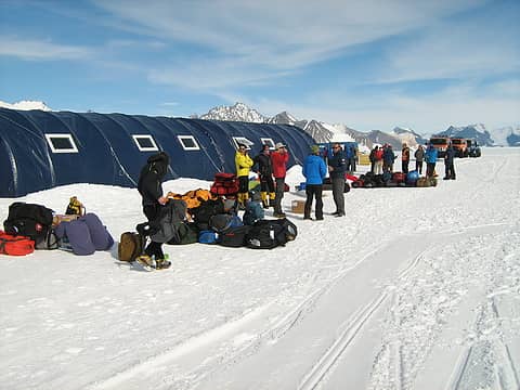 Union Glacier field camp, with baggage stacked up ready to be loaded.