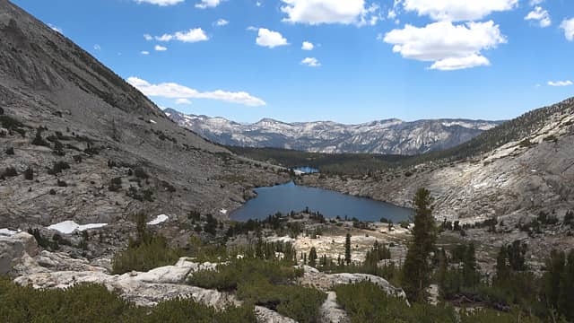 Heart Lake, best fishing on the trip. Bush whacked down instead of taking the trailed pass. PCT/JMT on left, only 18 or so people passed through all day.