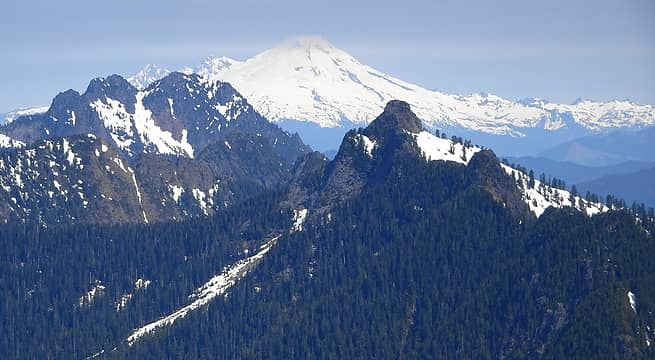 Devils Peak in the foreground, Jumbo Mountain in the middle ground & Mt Baker in the background.