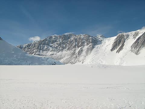 View up Branscom Glacier from Vinson Base Camp. Summit of Mt. Vinson is center-right.