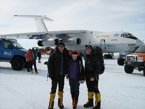Dave, Urszula and J.P. at blue ice runway at Union Glacier.
