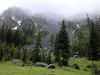 North face of Billy Goat Mountain near the pass in mixed rain/snow