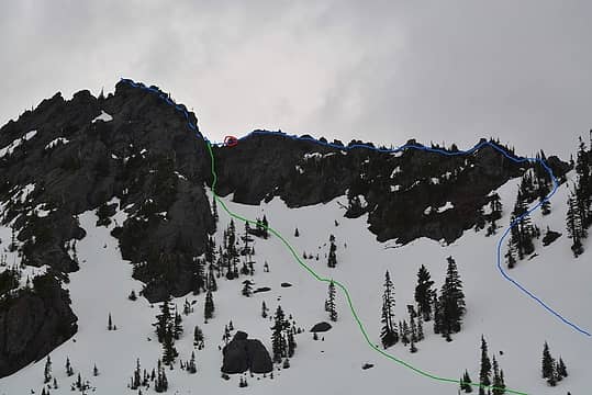 Ascent route in blue, crux move over small broad tree, and descent in green
