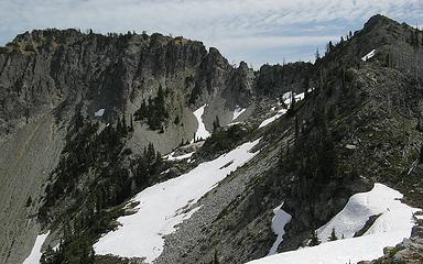 Escondito Point (route goes from col at right, over point at right, behind col in middle, and up to summit at left)