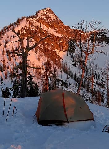 Sunrise reaches my tent below Delancy Benchmark